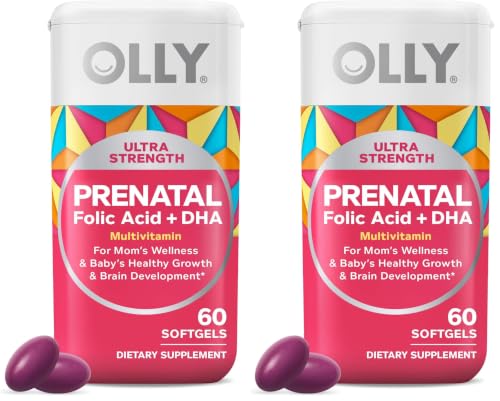 OLLY Ultra Strength Prenatal Multivitamin Softgels, Supports Healthy Growth, Brain Development, Iron, Folic Acid, DHA, Vitamins C, E, 30 Day Supply-60 Count (Pack of 2)