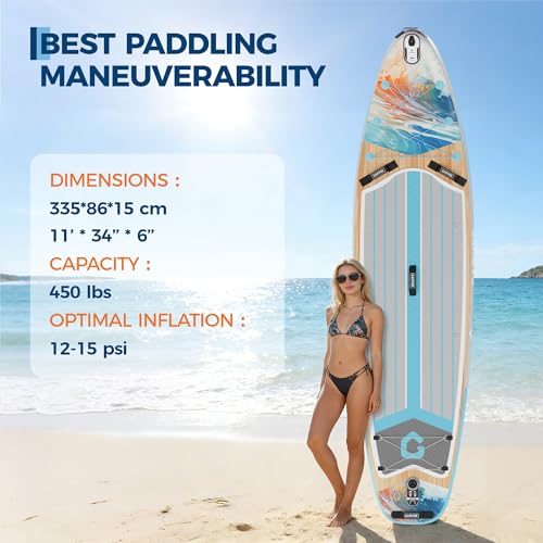 Premium SUP Board Set, Stand Up Paddling Board Aufblasbar, Mit Universal Kamerahalterung, Komplettes Zubehör, Verstellbares Paddel, Anfänger, Fortgeschrittene (Verlaufende helle Holzmaserung)