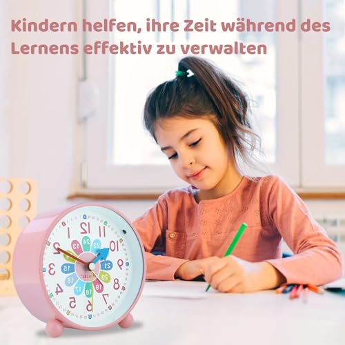 Herbst Kinder Wecker, Kinderwecker Analog Ohne Ticken Lernwecker mit Nachtlicht Tragbarer Wecker Kinder Mädchen mit Sanfter Weckklingelton für Schulanfänge Batteriebetriebene (Ohne Akku) - Rosa