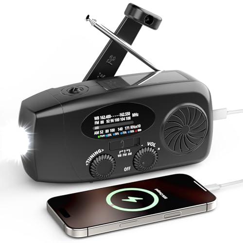 18500mWh Weather Emergency Radio, Portable Solar AM/FM/NOAA Hand Crank Radio, Cell Phone Charger with SOS, 1W LED Flashlight, Headphone Jack, Power for Emergency Preparedness (5000mAh Black)