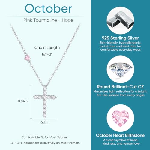 Juvux Birthstone Cross Necklace for Women, 925 Sterling Silver Cross Pendant Necklace with October Birthstone Cubic Zirconia Heart Charm, Dainty Christian Faith Birthday Gift Jewelry for Women — view 3