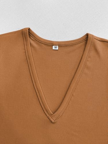 Image of Albe Rita Women Short Sleeve T-Shirt Cap V Neck Shirts for Women Ribbed Casual Top Knit Slim Fit for Summer