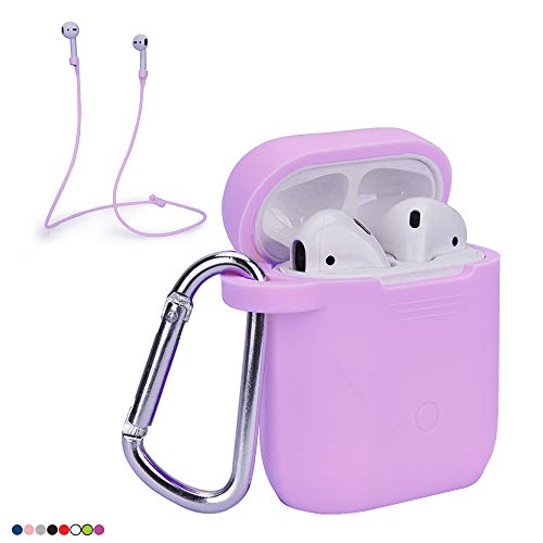 DEKE Compatible Apple airpods Wireless bluetooth earbuds case. Airpod buds cases full protective cover portable bud silicone skin with anti-lost hooks/strap. Airbuds skins set. Audifonos (Purple)