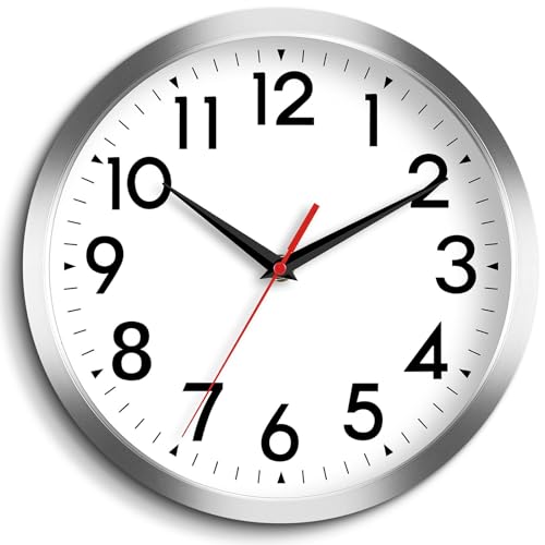 Image of DAXSMY 12 Inch Wall Clock Battery Operated Silent Non Ticking Analog Modern Decorative for Office Kitchen Outdoor Living Room Classroom Bedroom Bathroom School(Silver)