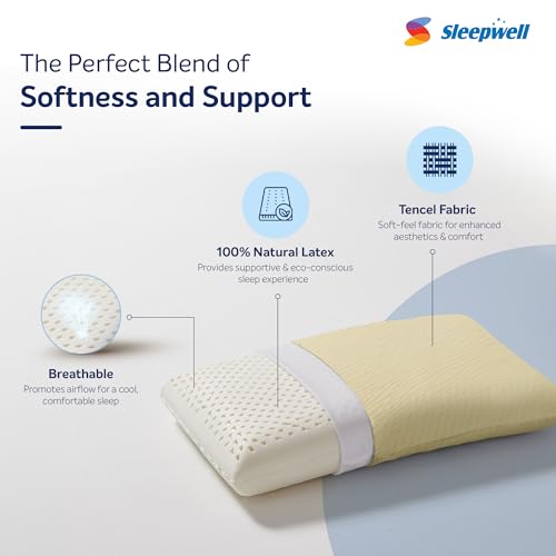 Image of Sleepwell Restora Pro Latex Pillow | 100% Natural Latex Foam | Yellow | Hypoallergenic & Breathable | Orthopedic Neck & Head Support | Soft Sleeping Pillow | 24x16 Inches | Pack of 1