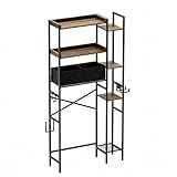SOCOMFAY Wasserdicht Toilettenregal Höhenverstellbar Einfache Montage mit Körben Haken, Wc Regal über Toilette ohne Bohren Badregal für Badezimmer Waschküche Toilette Balkon Metall Holzwerkstoff Braun