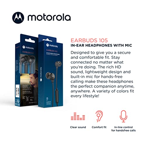 Motorola Wired Earbuds With Microphone - Earbuds 105 Corded In-Ear Headphones, Control Button For Calls/Music, Comfortable Lightweight Easy-Grip Ear Buds, Clear Bass Sound, Noise Isolation - Black #TOP1
