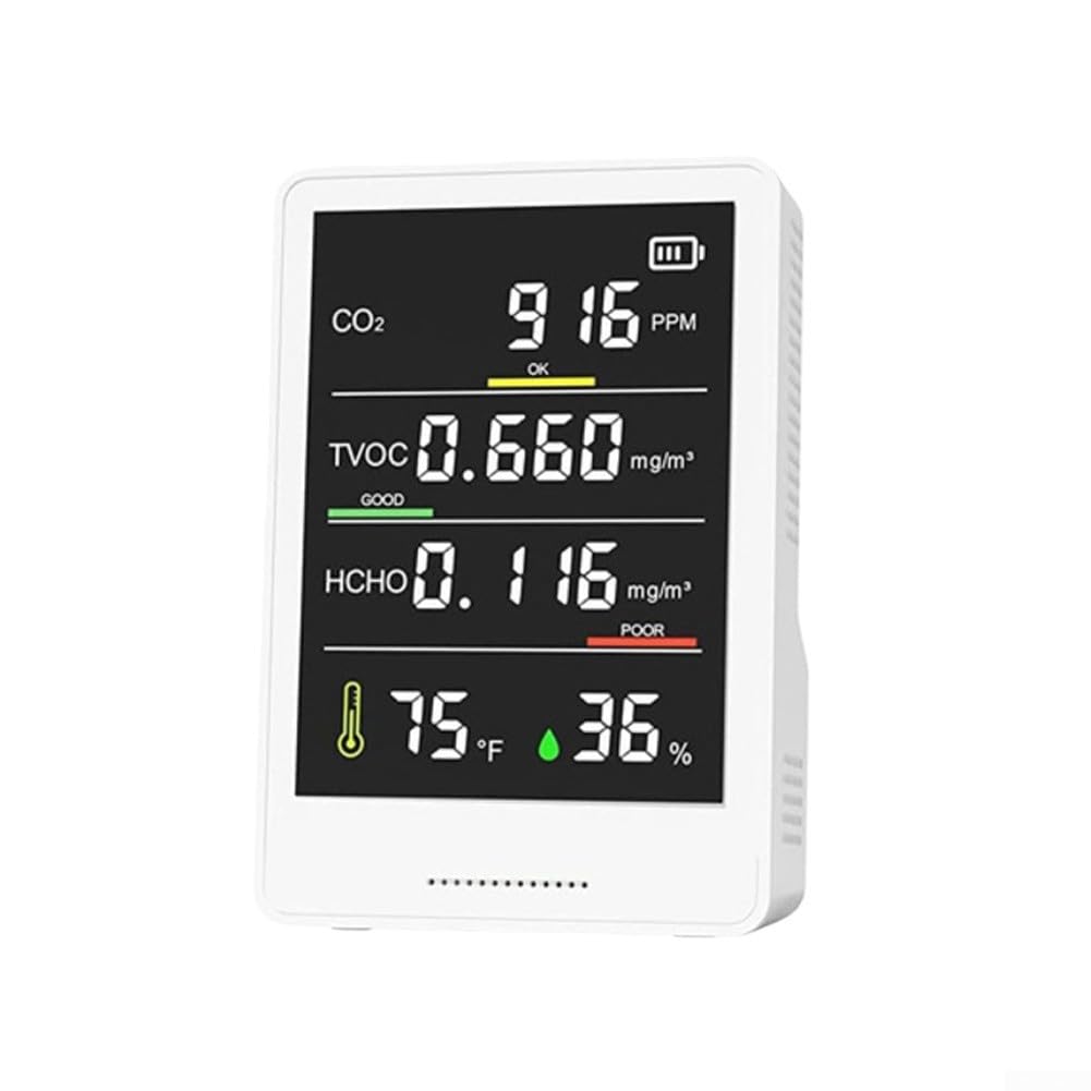 Misuratore di qualità dell'aria 5 in 1 per TVOC, formaldeide, temperatura e umidità, con display a colori e batteria USB, per ufficio, casa e scuola
