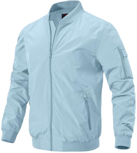 donhobo Men's Spring Autumn Casual Jackets,Lightweight Bomber Jacket Outdoor Sports Windbreakers Thin Baseball Coats with Zipper Pockets Sky Blue XXXL
