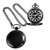 Alwesam Black Smooth Pocket Watch Quartz Round Roman Numbers with 37cm Chain Best Gifts for Men Women