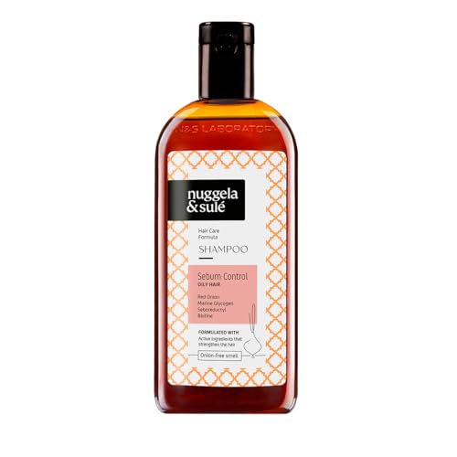Nuggela & Sulé Shampoing Séborégulateur pour cheveux gras. Avec Extrait d’oignon Rouge et Seborreductyl. Réduit la sécrétion de sébum et améliore la qualité des cheveux. 1 x 250 ml