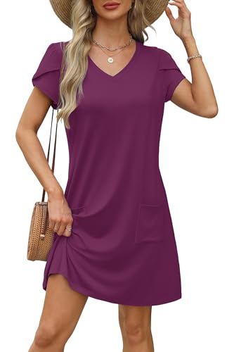 Image of OFEEFAN Womens Summer Dresses 2026 Tulip Petal Short Sleeve V Neck Loose Swing Sundresses with Pockets Plain /Print