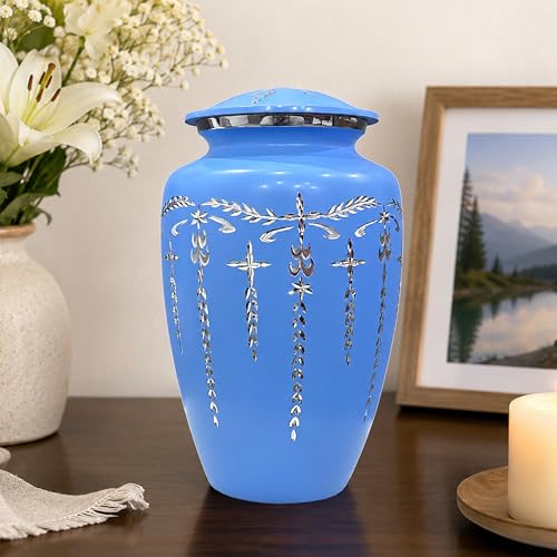 Image of Urns Human Ashes Adult Male /Female,Creamation Urn for Human Ashes Adult Man /Women,200+ Cubic inch Capacity,Decorative Burial Urn, Funeral Cremation Urns 11x6.5 - Sky Blue