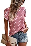 Angashion Women's Tops Casual Floral Print Lace Crochet Short Sleeve Crewneck Summer Loose Blouse Shirt Tunic Top Pink White M