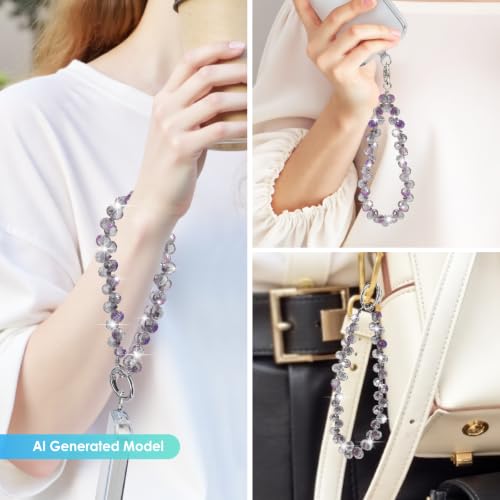 Image of TENOC Beaded Phone Wrist Strap, Blue Violet | Cellphone Lanyard Chain, Sparkling Wristlet Bracelet, Comes with Metal Phone Tether Tab, For Women