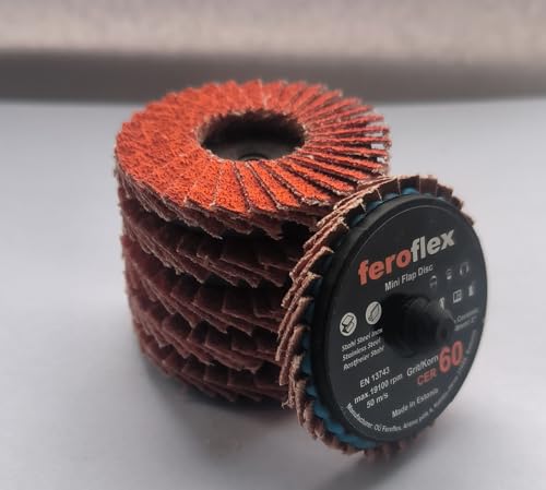 10stk.Set Feroflex Mini Fächerscheiben Profi-Qualität 2,50 mm, Körn 60, Premium Keramik für Metall, Edelstahl, Rost, Stahl Lamellenscheiben Schleifscheibe (Korn 60, 10)+Disc Pad Halter 6mm