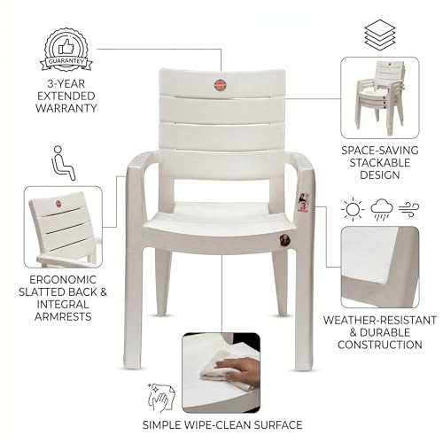 Image of Cello Jordan Polypropylene Plastic Arm Chair | Modern Multipurpose Seating for Home, Office, Garden & Balcony | Ergonomic Indoor & Outdoor Furniture | White | Set of 4 Piece