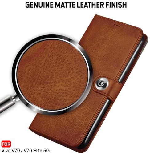 Image of TheGiftKart Genuine Leather Finish Flip Back Cover Case for Vivo V70 5G / V70 Elite 5G | Inbuilt Pockets & Stand | Wallet Style | Designer Button Magnet Flip Back Cover Case (Faux Leather, Brown)