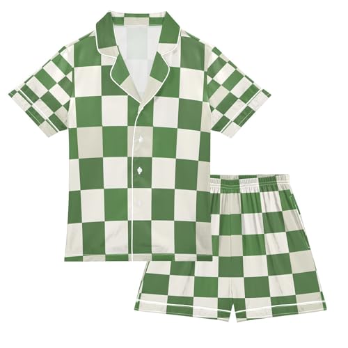 senya Pajama Sets Silky Button Down Nightwear Sleepwear Size 5-14 Years Green and White Checkered