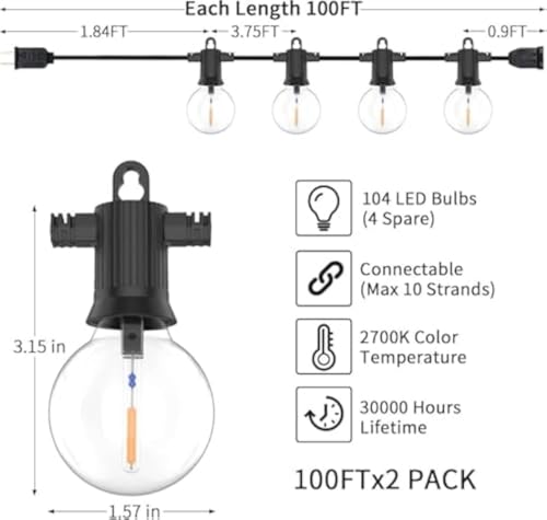 Luces de cadena exteriores 200 ft G40, 2 paquetes de 100 ft miniatura 3