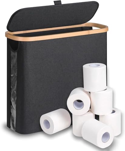 28L Cesta para Papel Higiénico con Tapa, Almacenaje Papel Higienico para 9-12 Rollos, Guarda Rollos Papel Higienico de Bambú, Organizador Papel Higienico, Organizador de Baño (Negro)