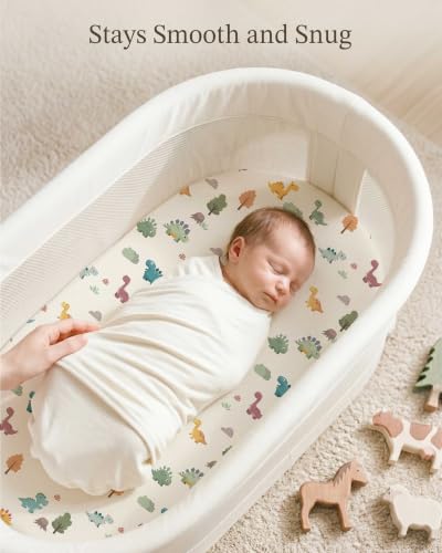 Image of Bassinet Sheets for Baby Girls Boys 2 Pack, Fitted Baby Mattress Sheet for Rectangle, Oval, Hourglass Bassinet Mattress, Breathable Cozy & Universal Fit (Sage Dino, Bassinet Sheet)