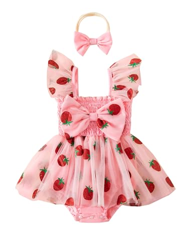 MBZJSDKHLK Newborn Baby Girl Strawberry Romper Dress Ruffle Sleeveless Princess Tulle Tutu Romper Birthday Princess Outfit (A-Pink 3-6 Months)