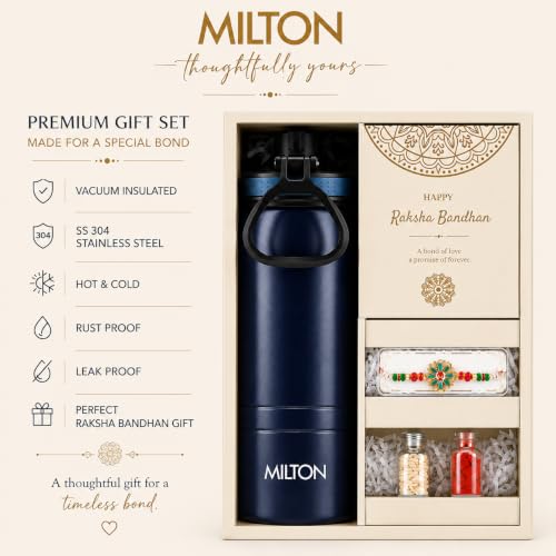 Image of Milton Woven Wishes Raksha Bandhan Gift Set Comes with Sparkle 600 Vacuum Insulated Thermosteel Water Bottle 620 ml, 1 Pc Rakhi & Roli KumKum Chawal, Brother Sister Festive Gift Hamper, Navy Blue