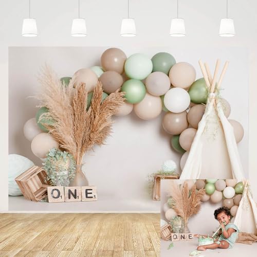 MEHOFOND Fondo de fotografía de 2.1 x 1.5 m con temática bohemia para niño de primer cumpleaños, tienda de campaña, globo, fiesta infantil, pancarta de cabina de fotos, decoración de estudio de recién