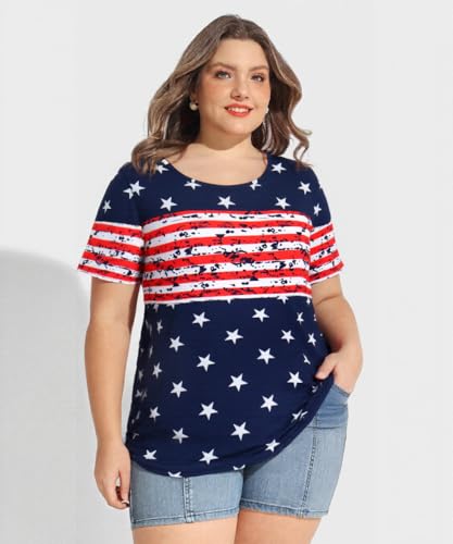 Image of CARCOS Plus Size Tops for Women Short Sleeve Summer Pullover Color Block Crewneck /V Neck Tee Tunic Loose Fit Tshirts XL-5XL