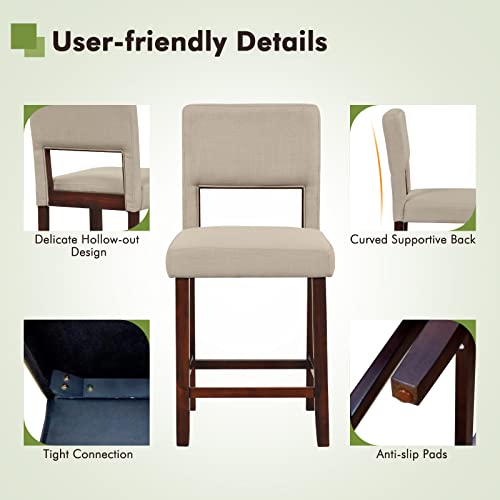 Image of COSTWAY Bar Stools Set of 4, Linen 24.5 Inch Counter Height Chairs with Hollowed Backs, Rubber Wood Legs, Upholstered Barstools for Kitchen Island Home Bar Pub Dining Room, Beige