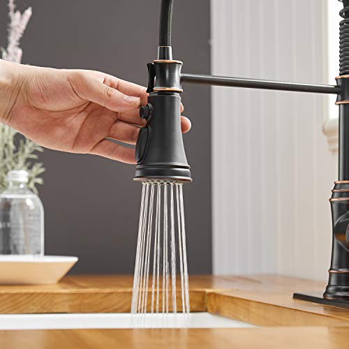 Bwe Kitchen Sink Faucet With Deck Plate Single Handle Lever With Pull Down Sprayer Spring 3 Function Kitchen Faucet High Arc Lead-Free Farmhouse Commercial Bar Kitchen Faucets Oil Rubbed Bronze #TOP6