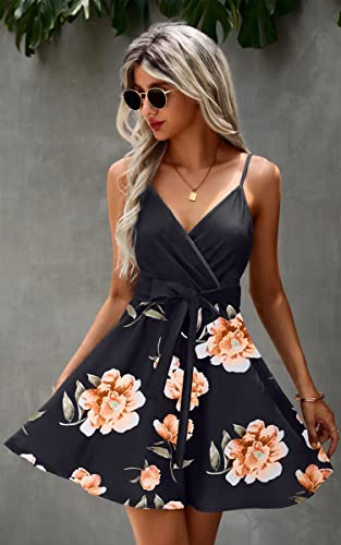 Image of ECOWISH Summer Dresses for Women 2026 V-Neck Spaghetti Strap Bowknot Backless Sleeveless Lace Mini Swing Skater Dress