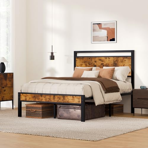 Image of Z-hom Upgraded Full Size Bed Frame, Heavy Duty Metal Sturdy Full Bed Frame with Modern Wood Headboard & Footboard, Stable Platform Bed Furniture Bed Storage, No Noise, No Box Springs, Vintage Brown | Metal Platform Bed Frame with Underbed Storage Space,No Box Spring Required,Solid Construction for Quiet Daily Use