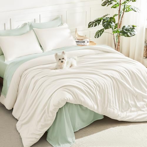 Image of Litanika Ivory Comforter Set Queen Size, 3 Pieces Lightweight Solid Bedding Comforter Set, All Season Fluffy Bed Set (90x90In Comforter & 2 Pillowcases)