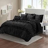 Homechoice Decor 7 Pieces Elegant French Country Bed in a Bag, Black Handmade Bow Tie Fluffy Bed Comforter with Down Alternative Filling, Vintage Ruched Bed Sets for Bedroom, Queen (LQ-33)