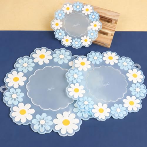 Image of Signamio Silicone Mat for Kitchen - Heat Resistant Flower Shaped Trivet Mat Set, Coasters for Dining Table for Hot Pots, Pack of 3-1 Small, 1 Medium, 1 Large Heat Mats - Blue