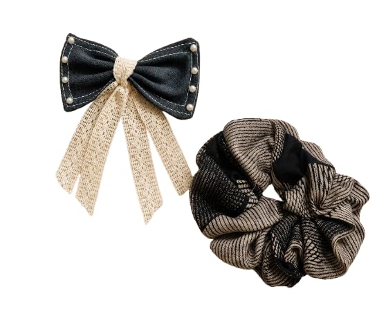 GBV Creations Handmade Denim Bow Hair Clip with Lace Tails & Scrunchie Set | Pearl Embellished Bow, Lace Ribbon Tails, Striped Scrunchie, 2-Piece Set, Black & Beige-image-31