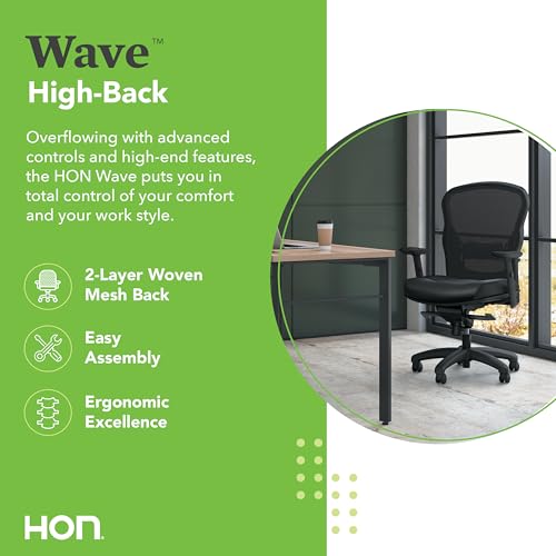 Image of HON Wave High Back Ergonomic Office Chair with Leather Seat and Breathable Mesh Back, Adjustable Arms, Synchro‑Tilt Recline and Swivel Wheels for Desk and Computer Use, Black