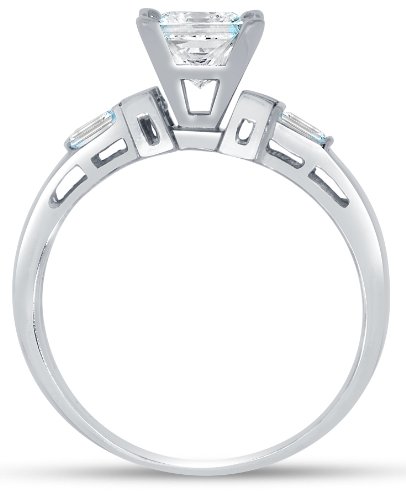 Size 7 - Solid 14K White Gold Cz Cubic Zirconia Engagement Ring - Princess Cut Solitaire With Baguette Side Stones (1.75Cttw, 1.5Ct. Center) #TOP3