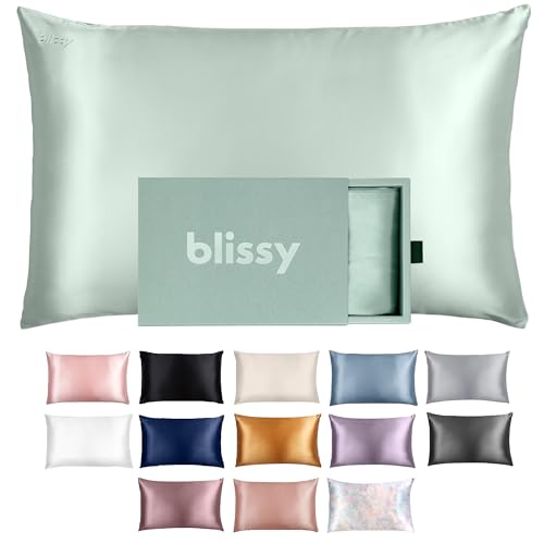 BLISSY Blissy Silk Pillowcase - 100% Pure Mulberry Silk - 22 Momme 6A High-Grade Fibers - Satin Pillow Cover for Hair & Skin - Regular Queen & King with Hidden Zipper (Standard Matcha)
