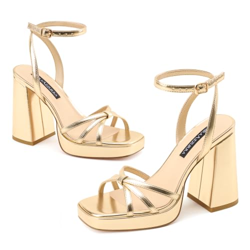 Image of MIRAAZZURRA Platform Strappy Heel Sandals Square Open Toe Two Strap Chunky High Heeled Sandals with Buckle Ankle Strap for Women Party Wedding Dress