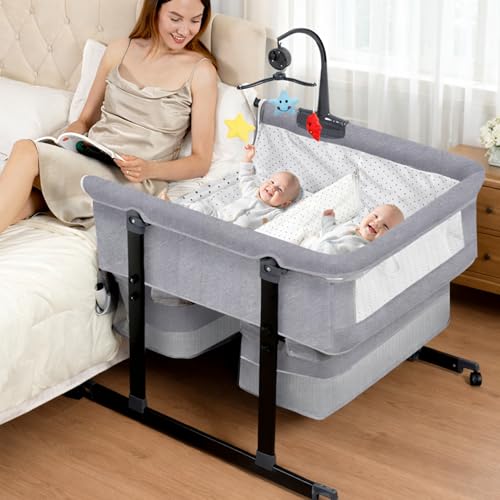 Twin Bassinet for 2 Babies with Music Toys for Newborns, Grey
