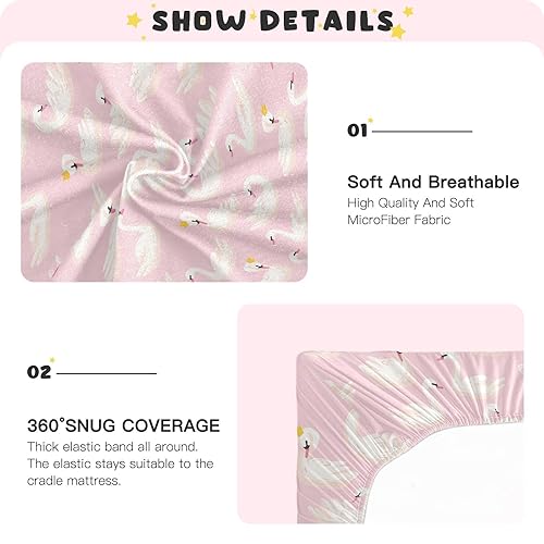 Image of Fitted Crib Sheets Pink Cute Swan Animals Stretchy Portable Playard Sheets for Baby Toddler, Breathable Soft Mini Crib Mattress 39 x 27 in for Boys and Girls