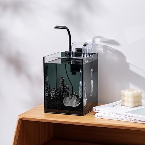 Kit de nano aquário, tanque de vidro pequeno sem aro de 1,5 galão com filtro, luz de aquário e decor
