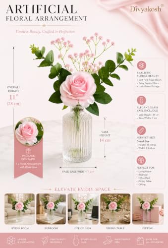Image of Divyakosh Artificial Pink Rose Flower Bunch with Glass VASE (1 Big Rose + Baby Breath) | Realistic Faux Floral Bouquet with Green Leaves & Baby Breath | Home Decor for Living Room, Bedroom, Office