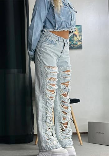 Famnbro Women's Destroyed Ripped Jeans Pearl Wide Straight Leg Denim Pants Distressed Jeans3