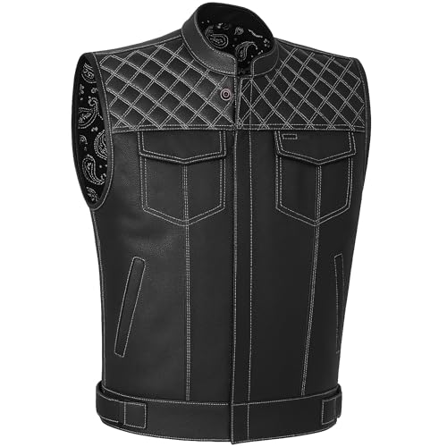Jackets 4 Bikes SOA Mens Motorcycle Vest Geniune Buffalo Leather Back Armor Inside Pockets Motorbike Riding Club Vests Paisley White L