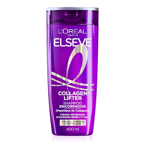 Frasco de shampoo L'Oréal Paris Elseve Collagen Lifter de 400ml na cor roxa com detalhes em prata