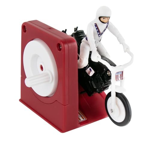 A fully functional wind-up Evel Knievel stunt cycle in miniature — rev it, launch it, and watch it actually jump.